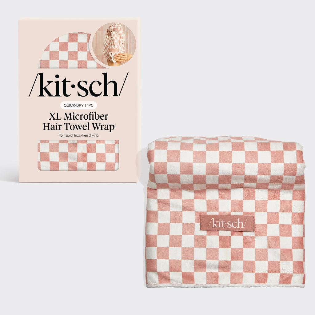 Extra Large Quick-Dry Hair Towel Wrap- Terracotta Checker