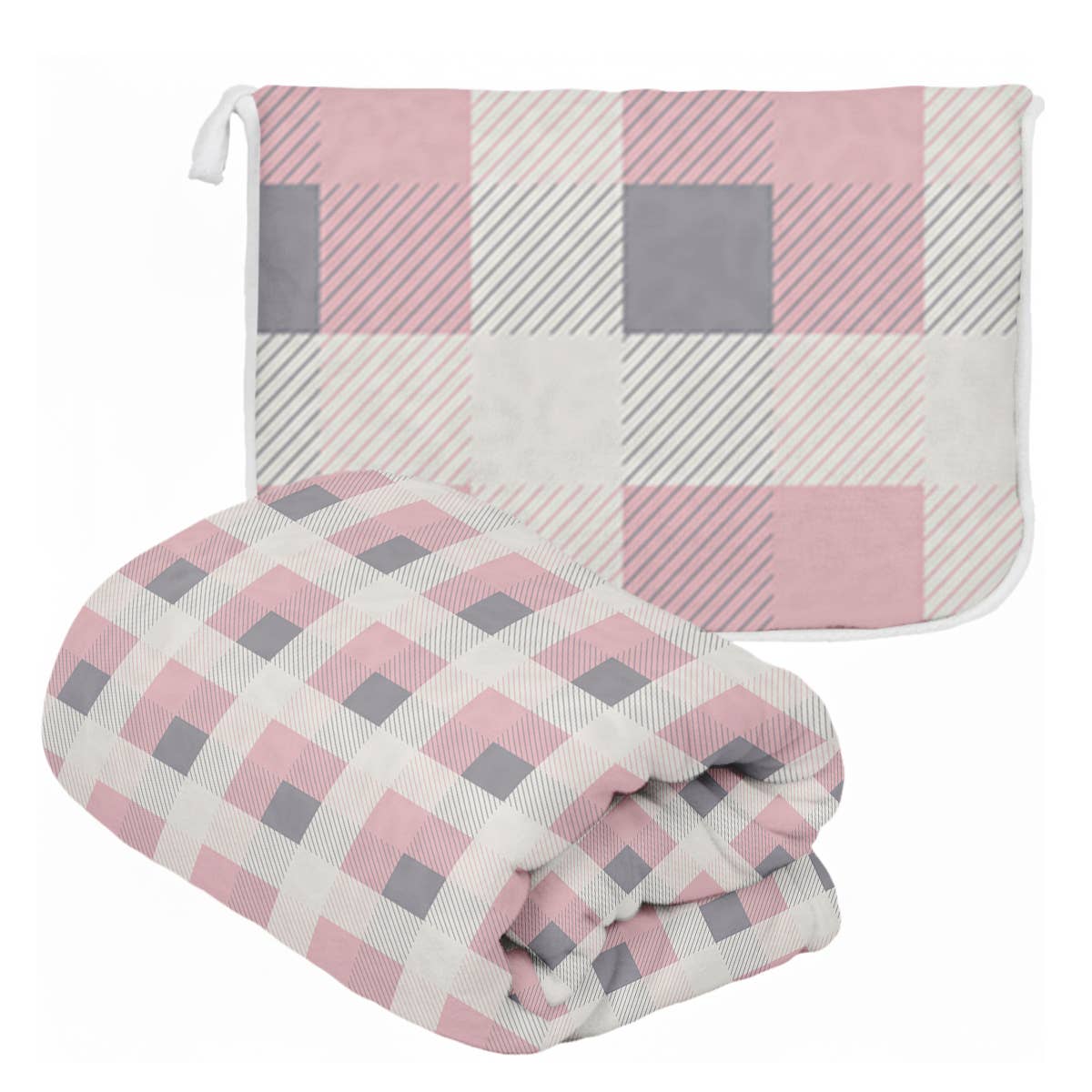 Pink & Grey Plaid Plush Travel Throw Blanket & Matching Case