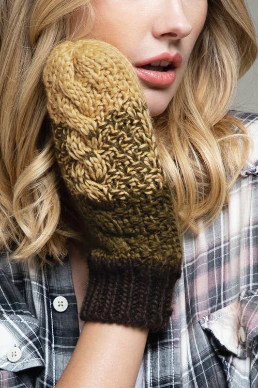 Multicolor Cable Knit Mittens: Taupe/Olive