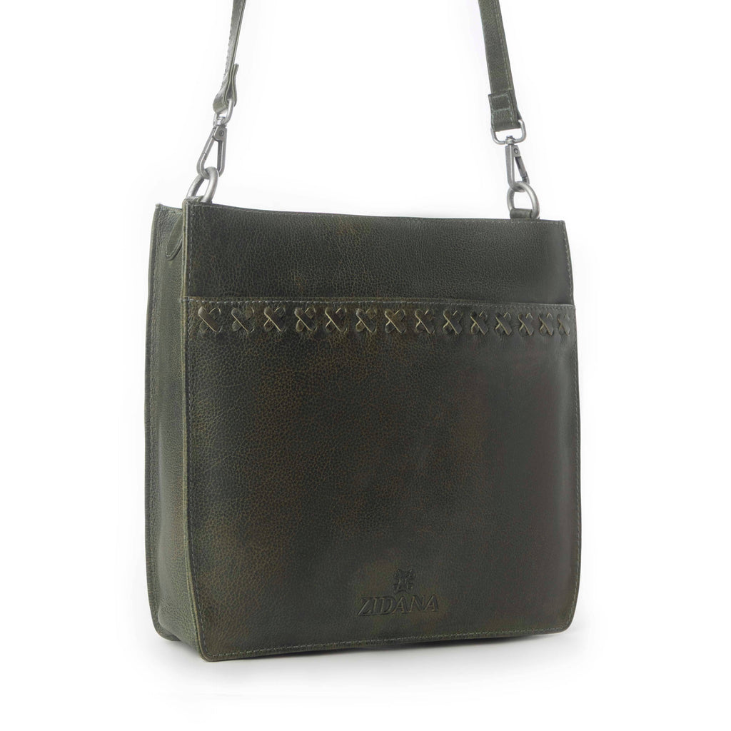 Zidana Mirelle Woven Veg Tanned Leather Sling Bag in Oliva Nero