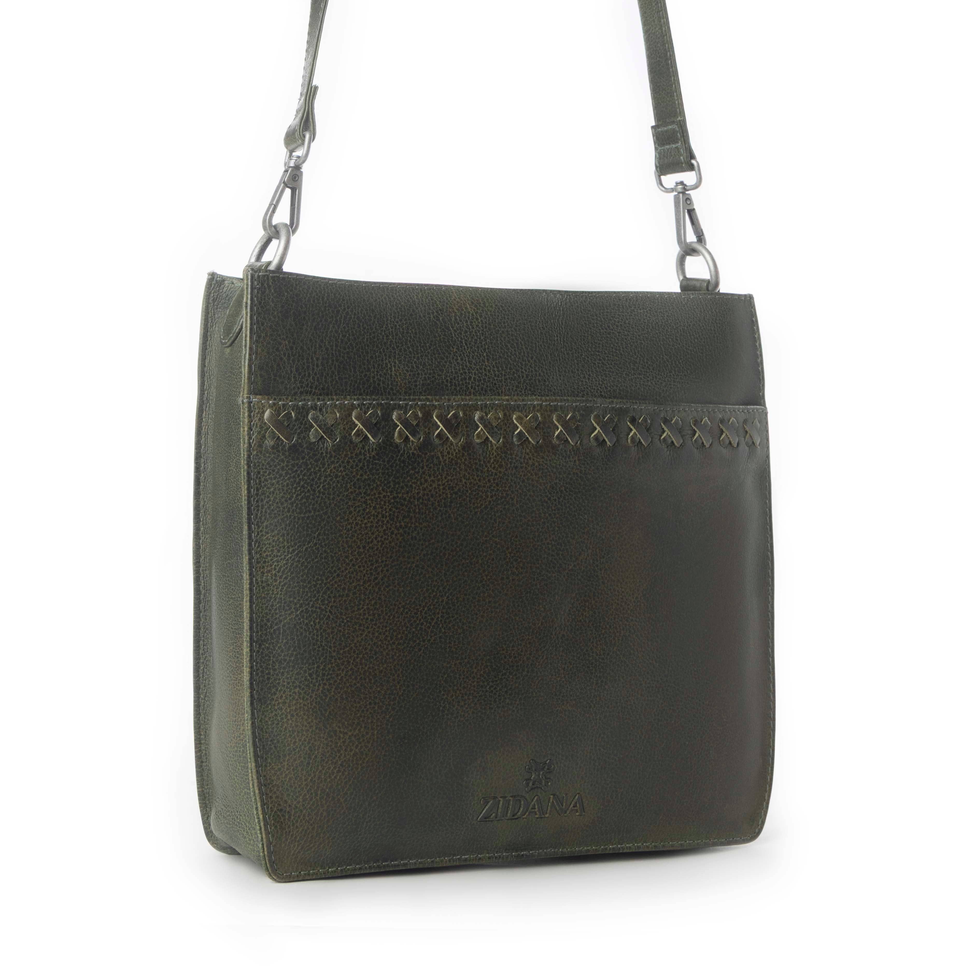 Zidana Mirelle Woven Veg Tanned Leather Sling Bag in Oliva Nero