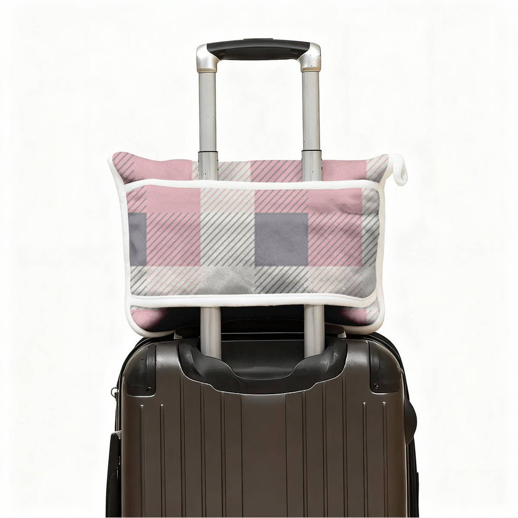 Pink & Grey Plaid Plush Travel Throw Blanket & Matching Case