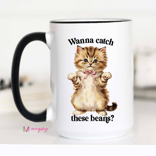 Catch These Beans Funny Cat Coffee Mug