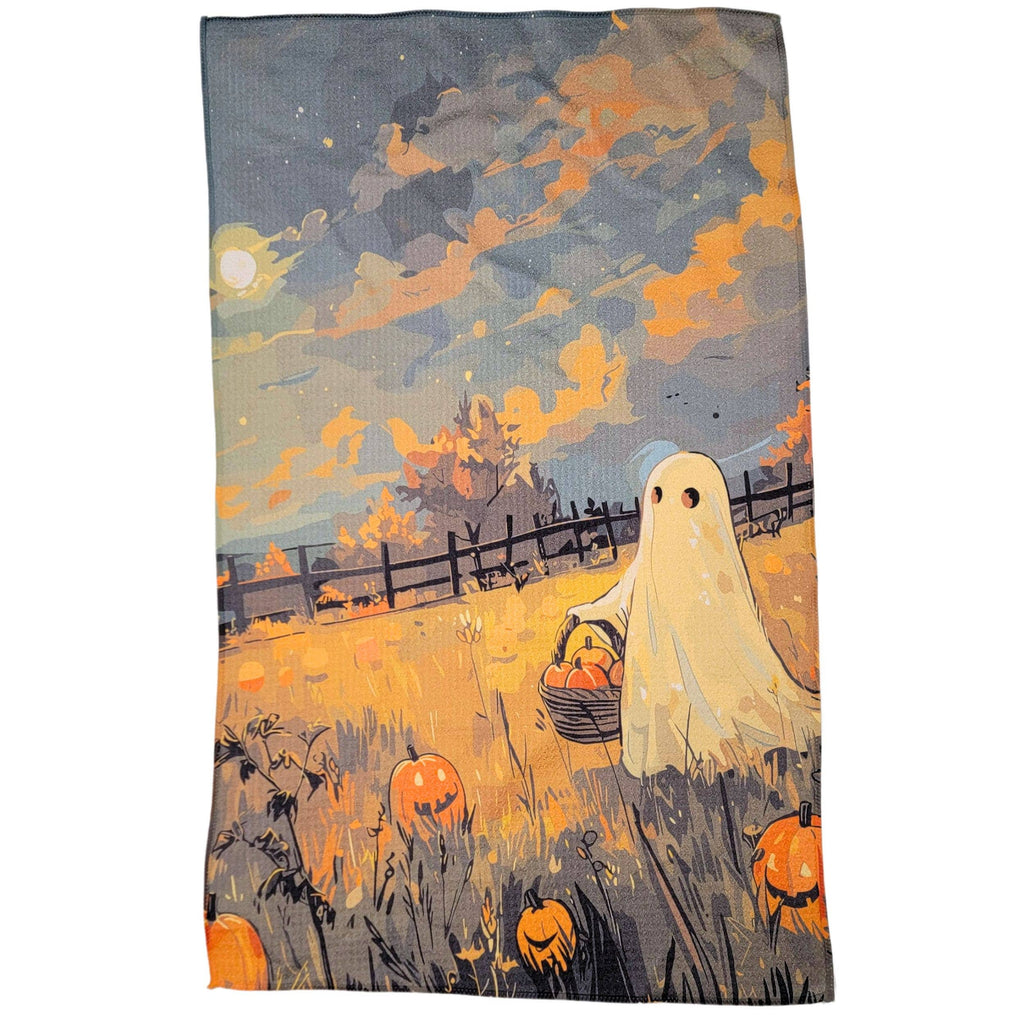 Ghost Picking Pumpkins Tea Towel