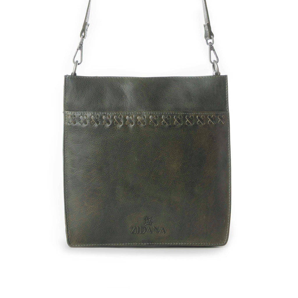 Zidana Mirelle Woven Veg Tanned Leather Sling Bag in Oliva Nero