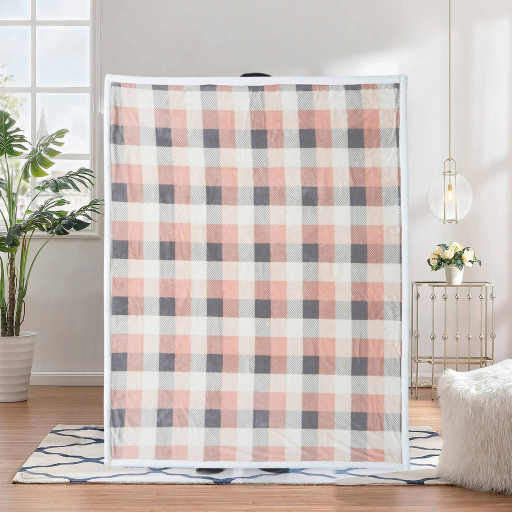 Pink and Gray Plaid Flannel Sherpa Throw Blanket