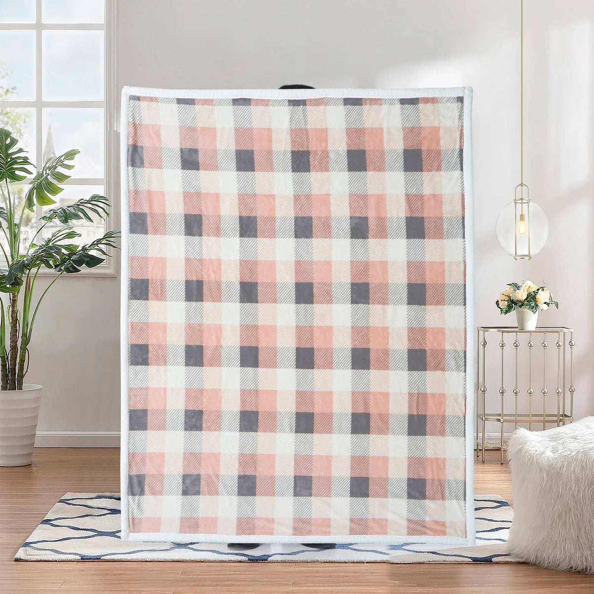 Pink and Gray Plaid Flannel Sherpa Throw Blanket