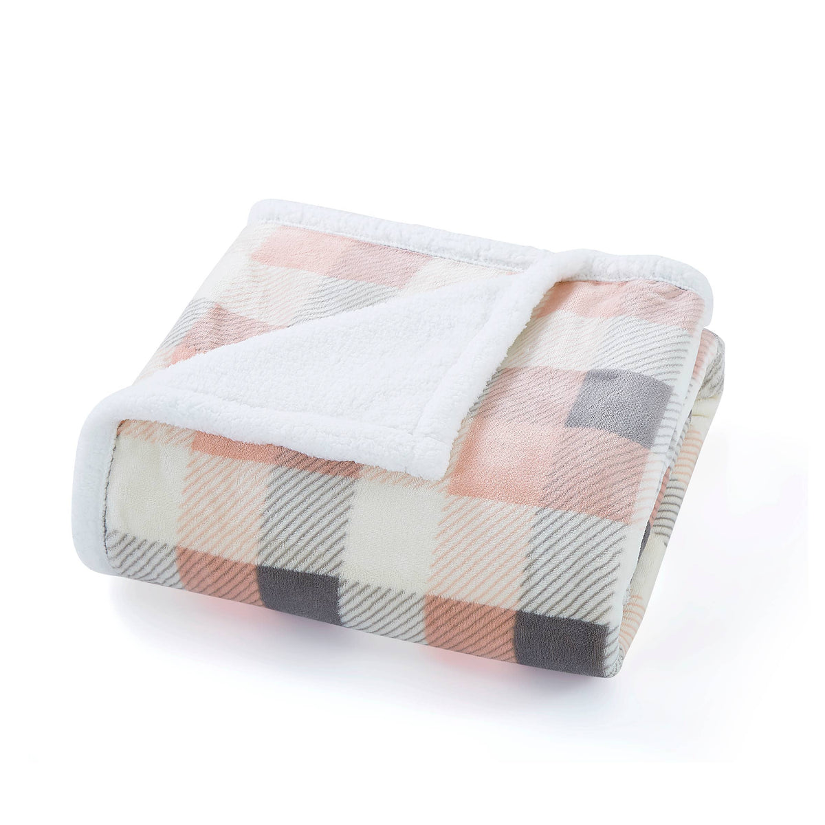 Pink and Gray Plaid Flannel Sherpa Throw Blanket