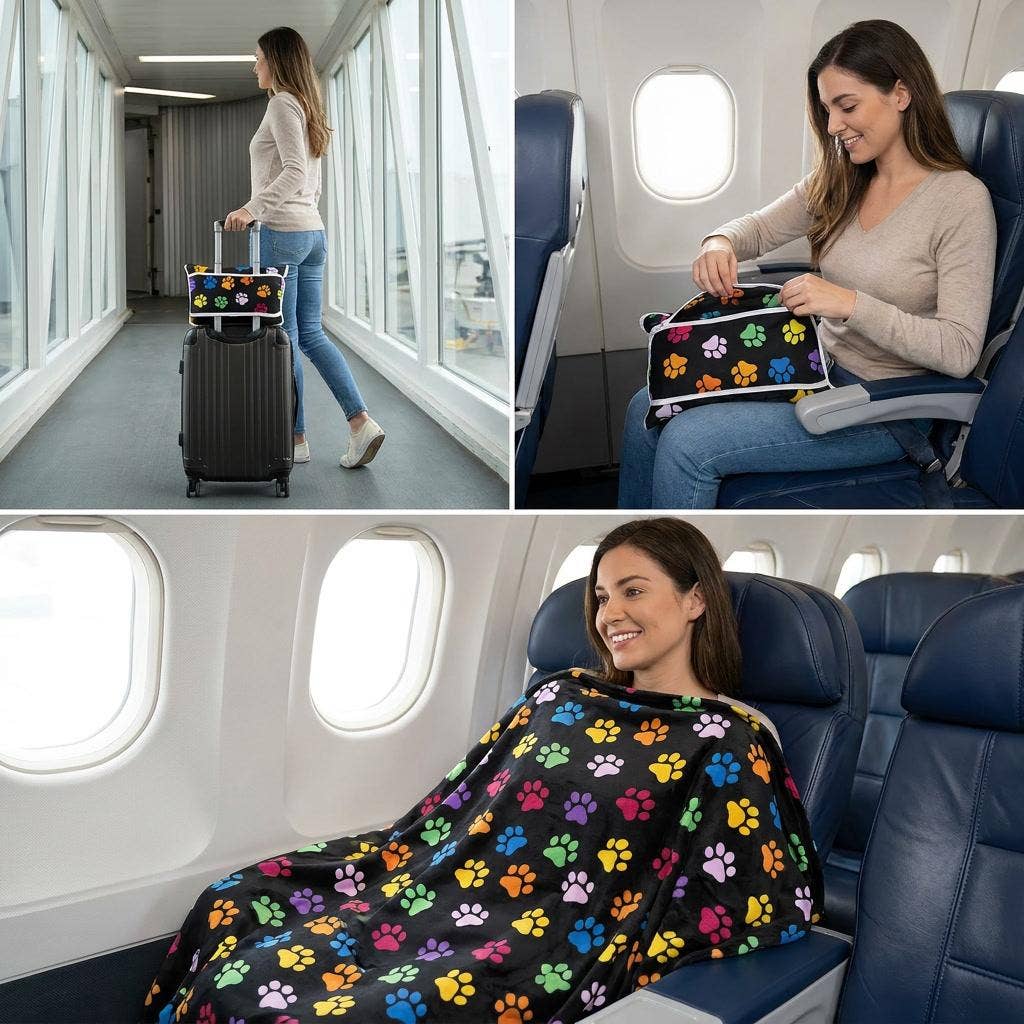 Black Paws Plush Travel Blanket with Matching Case