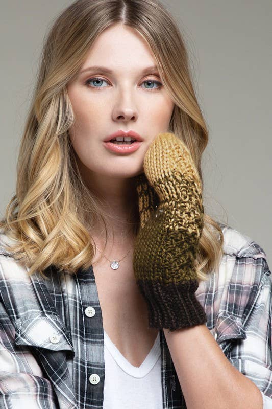 Multicolor Cable Knit Mittens: Taupe/Olive