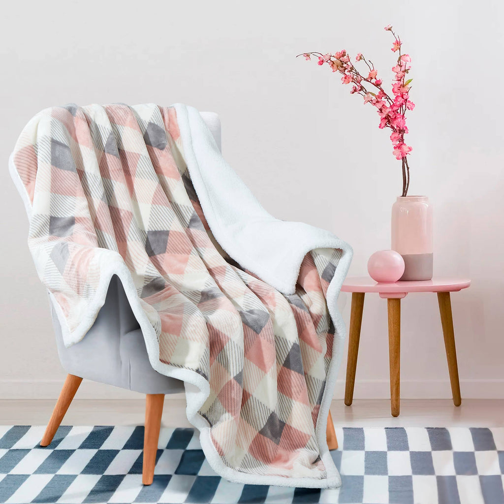 Pink and Gray Plaid Flannel Sherpa Throw Blanket