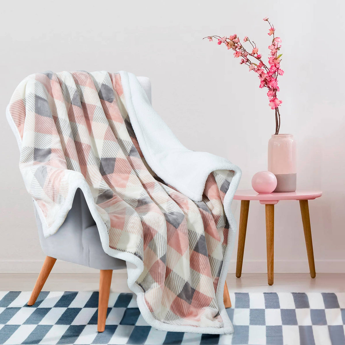 Pink and Gray Plaid Flannel Sherpa Throw Blanket