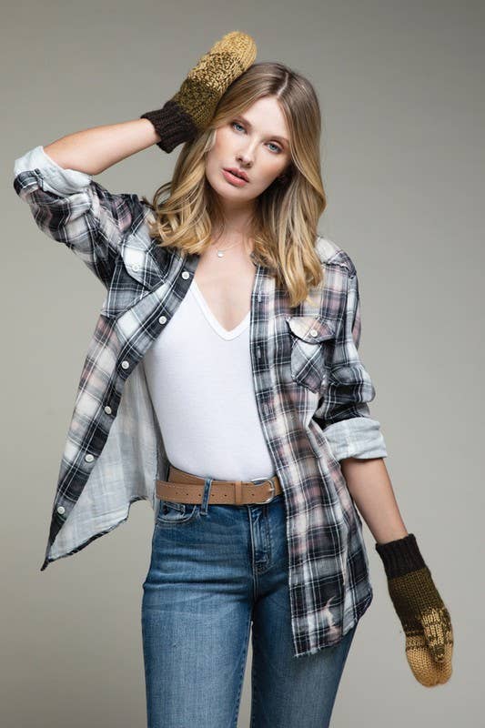 Multicolor Cable Knit Mittens: Taupe/Olive