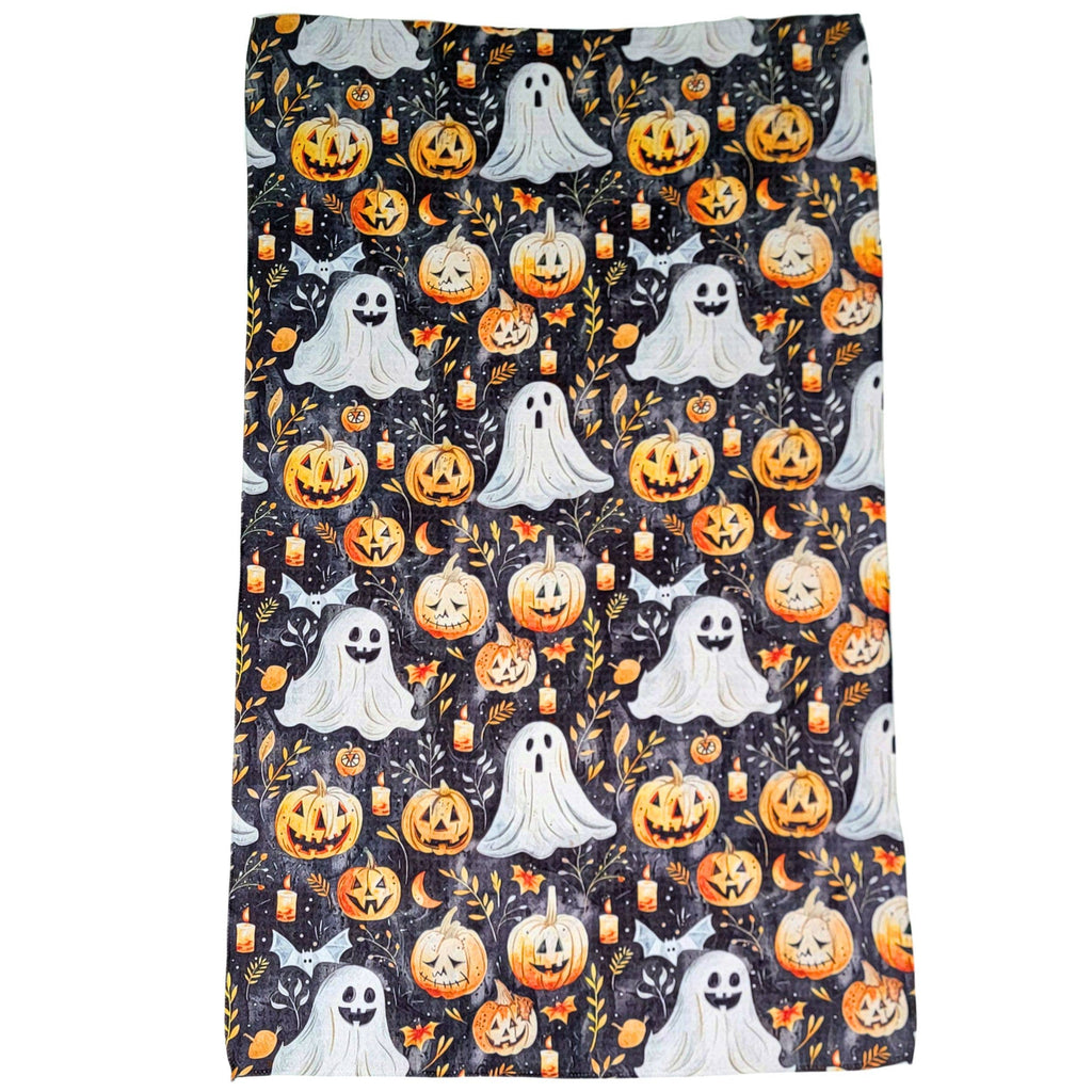 Scary Fall Pumpkins With Ghosts Tea Towel