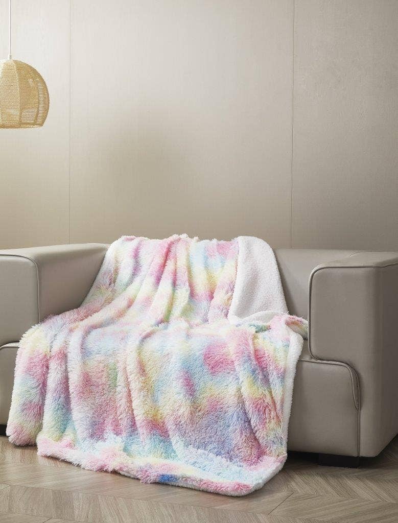 Rainbow Frost Faux Fur Plush Throw Blanket