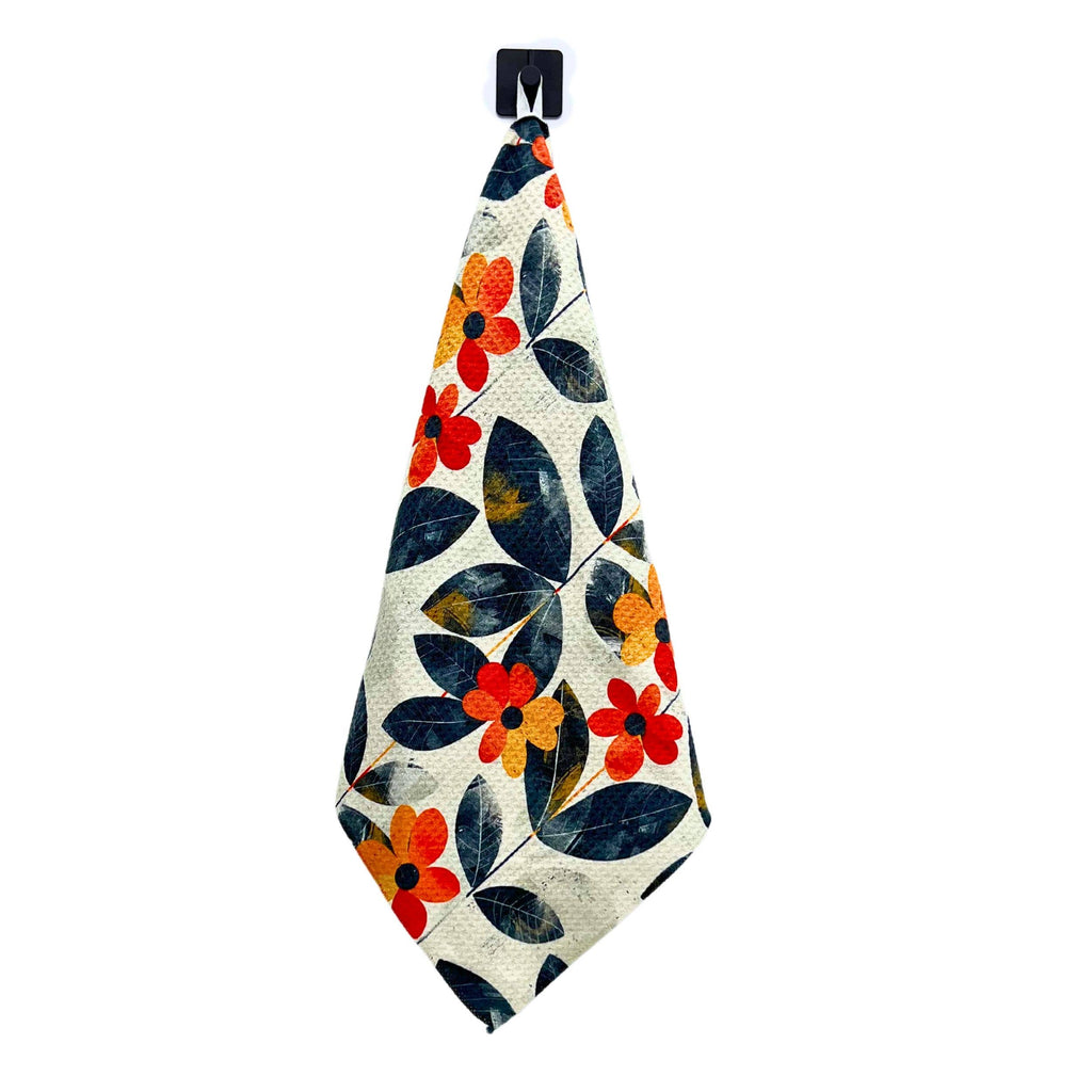 Distressed Flower Waffle Kitchen Towel With Hanging Loop