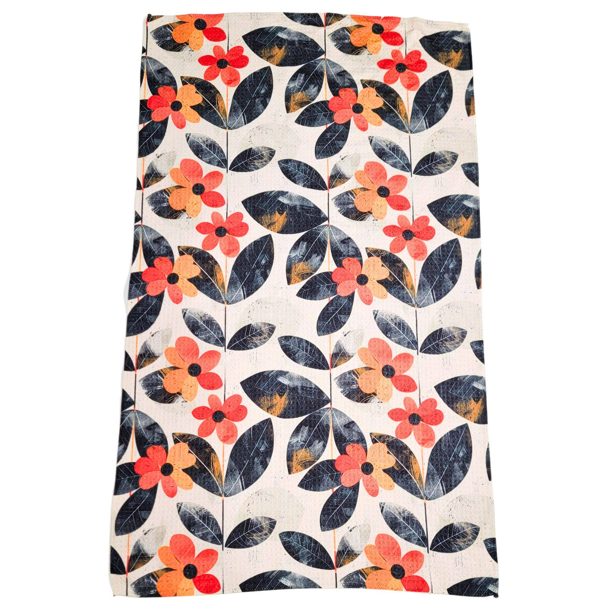 Distressed Flower Waffle Kitchen Towel With Hanging Loop