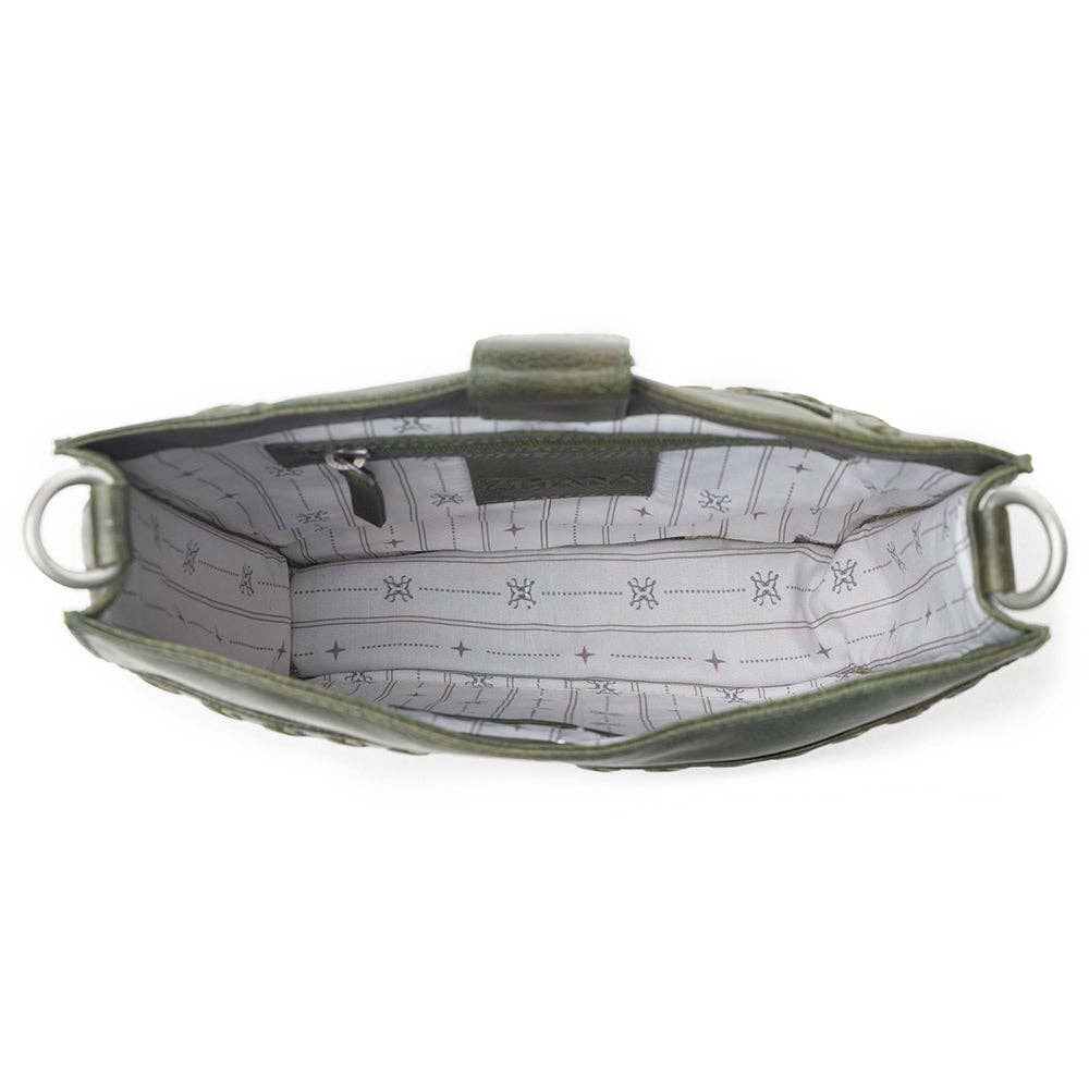 Zidana Mirelle Woven Veg Tanned Leather Sling Bag in Oliva Nero
