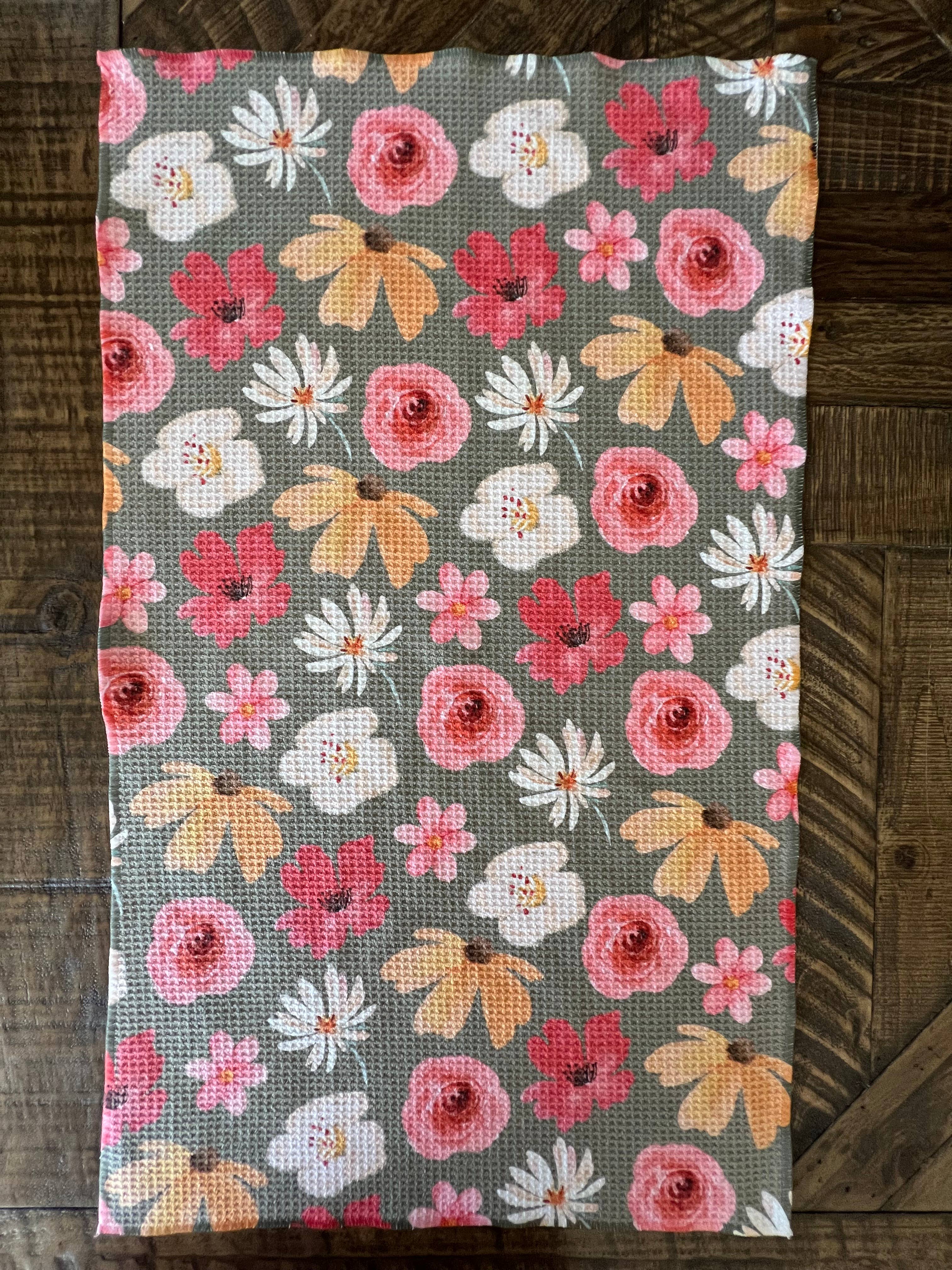 Happy Flower - Olive Tea Towel - Recycled Microfiber