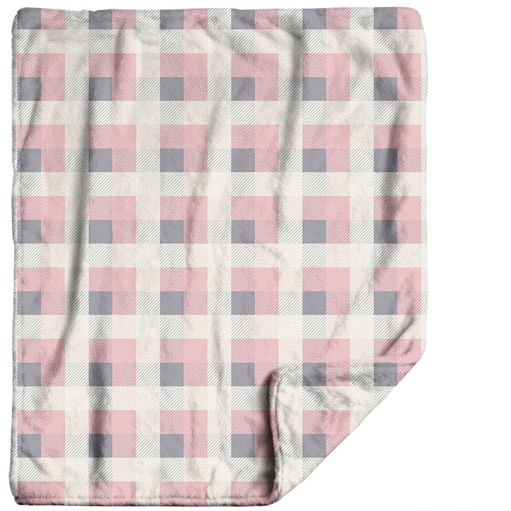 Pink & Grey Plaid Plush Travel Throw Blanket & Matching Case