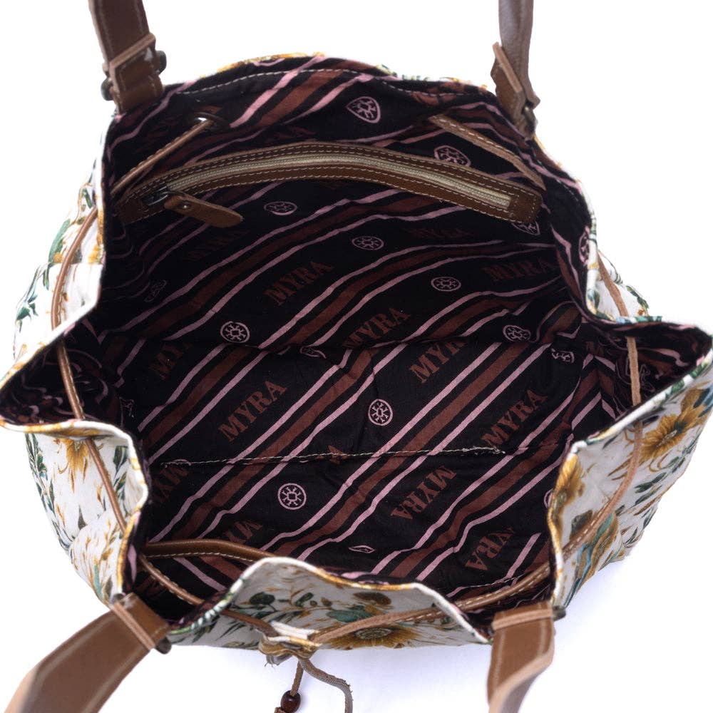 Southern Bloom Cotton & Leather Bucket Bag in Chestnut Beige
