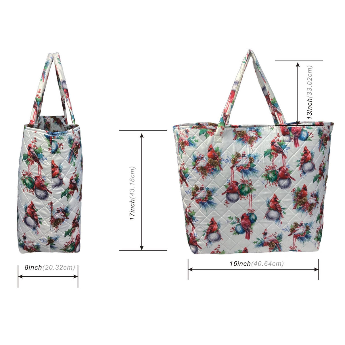 Winter Cardinals & Ornaments Quilted Tote Bag