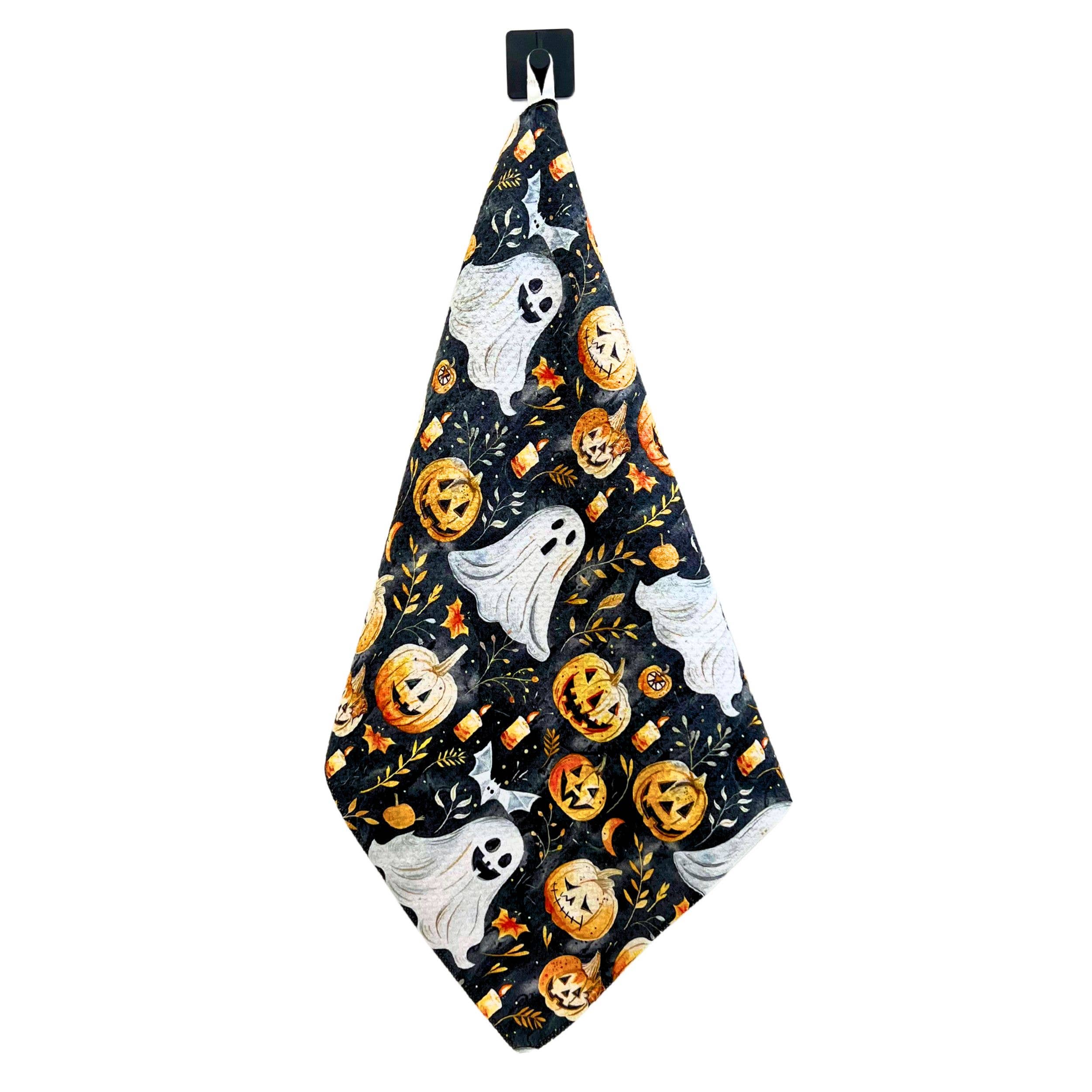 Scary Fall Pumpkins With Ghosts Tea Towel